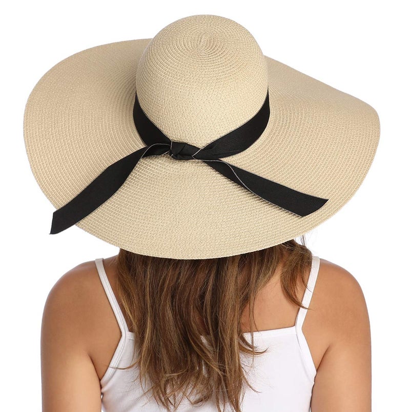 Lanzom Womens Wide Brim Straw Hat Big Floppy Foldable Roll up Cap Beach Sun Hat UPF 50+(Bowknot-Beige) - Image 1